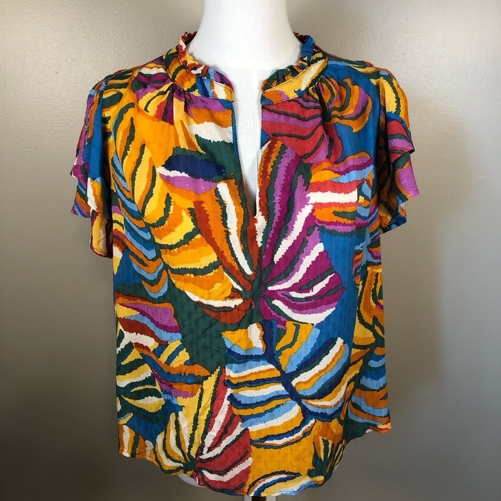 Christian Siriano Multicolor Short Sleeve Leaf Print Blouse Size S